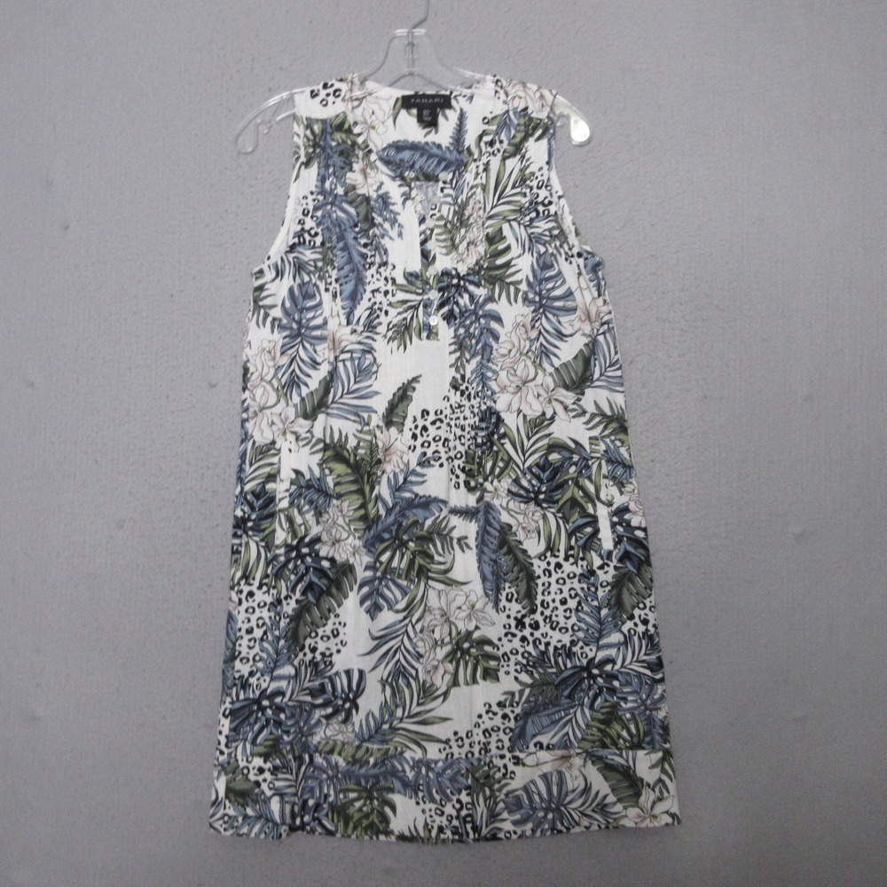 Tahari Dress Small Tropical Linen Blend Shift Pockets Floral Coastal Boho Beach